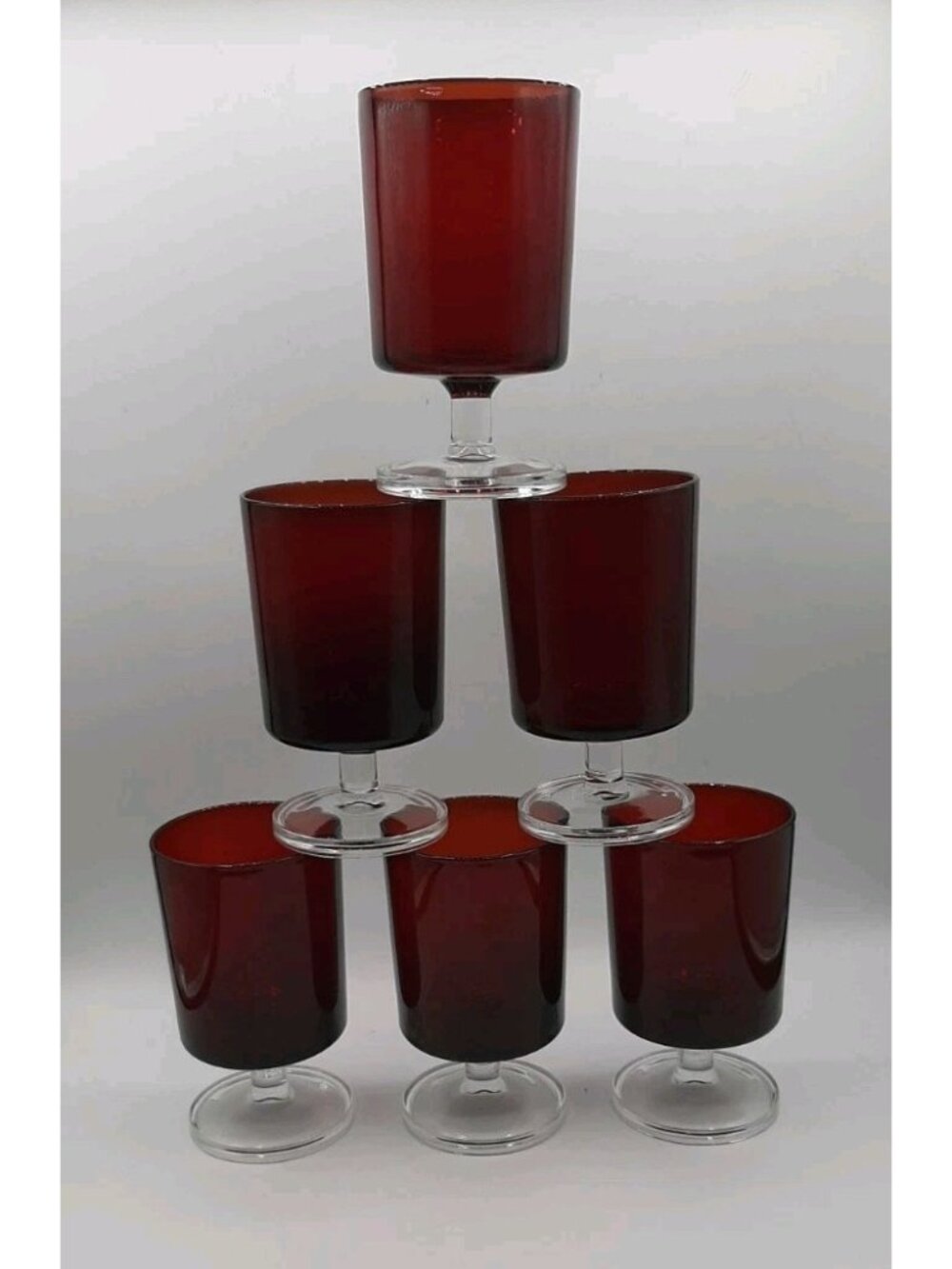 Vintage Luminarc Arcoroc Cavalier Ruby Red Wine Glasses Set 6 France Clear Stem
